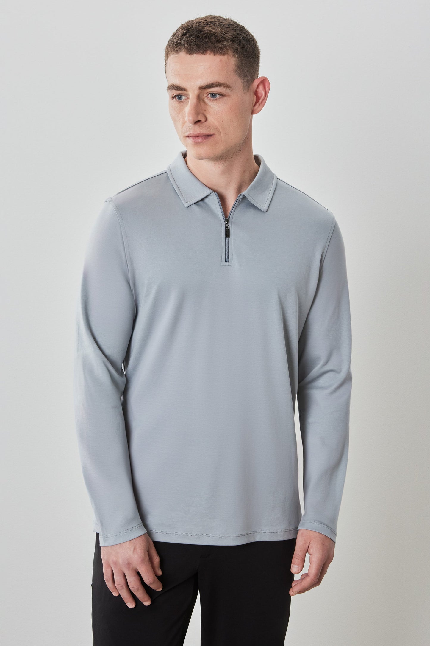 Robert Barakett Men's Pima Cotton Long Sleeve Zipper Polo in Grey