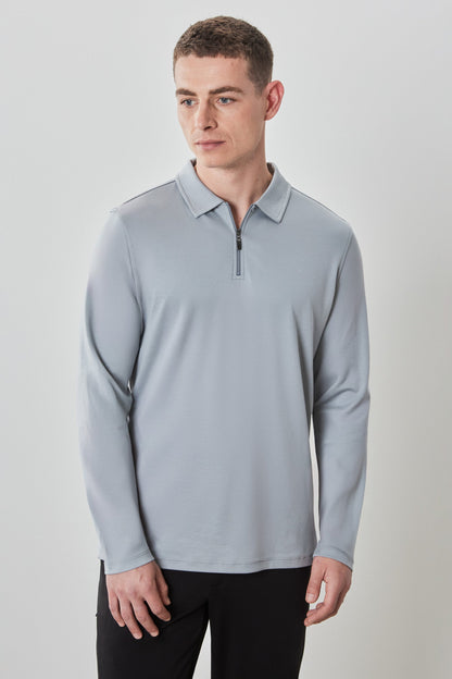 Robert Barakett Men's Pima Cotton Long Sleeve Zipper Polo in Grey