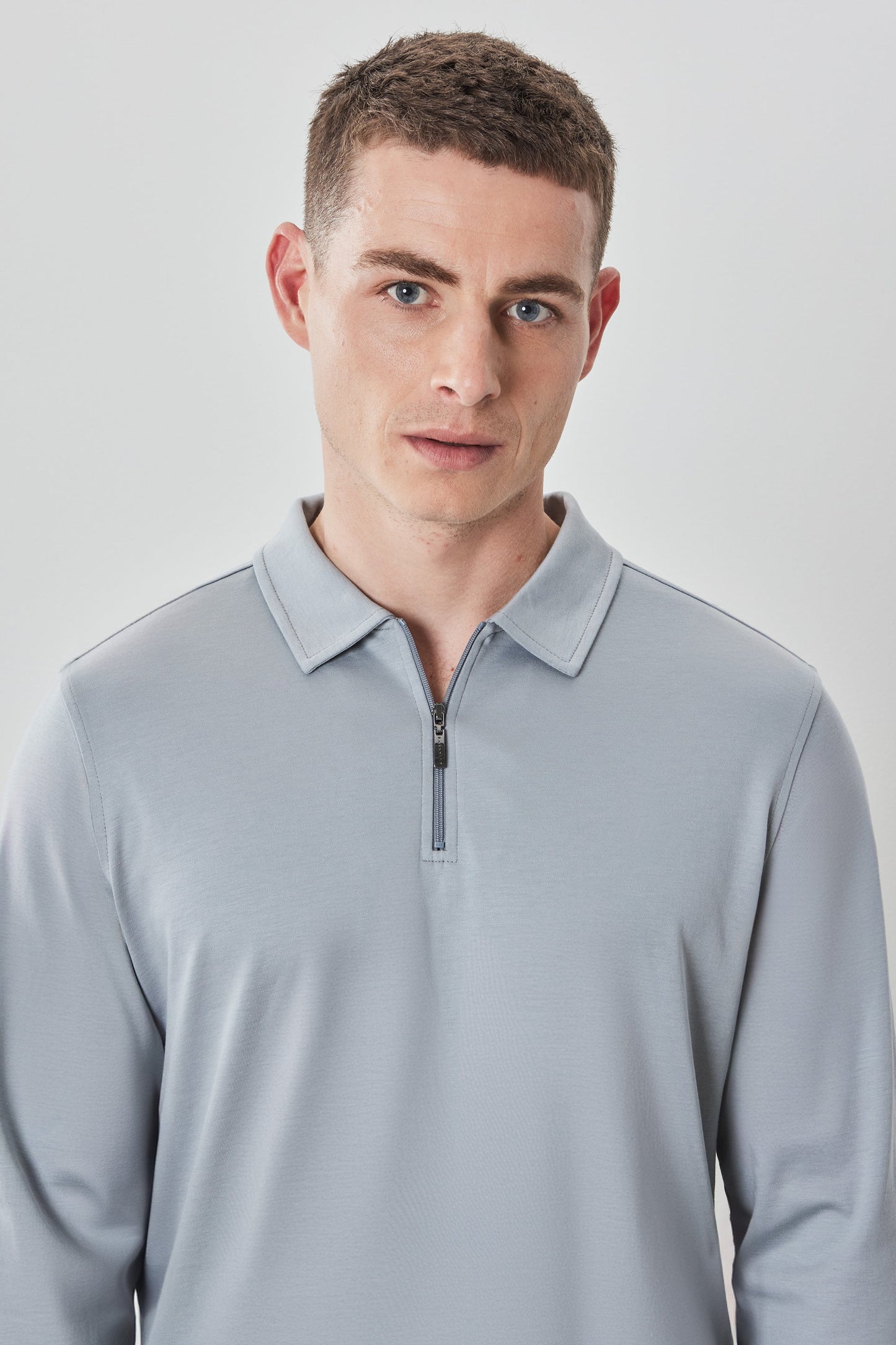 Robert Barakett Men's Pima Cotton Long Sleeve Zipper Polo in Grey