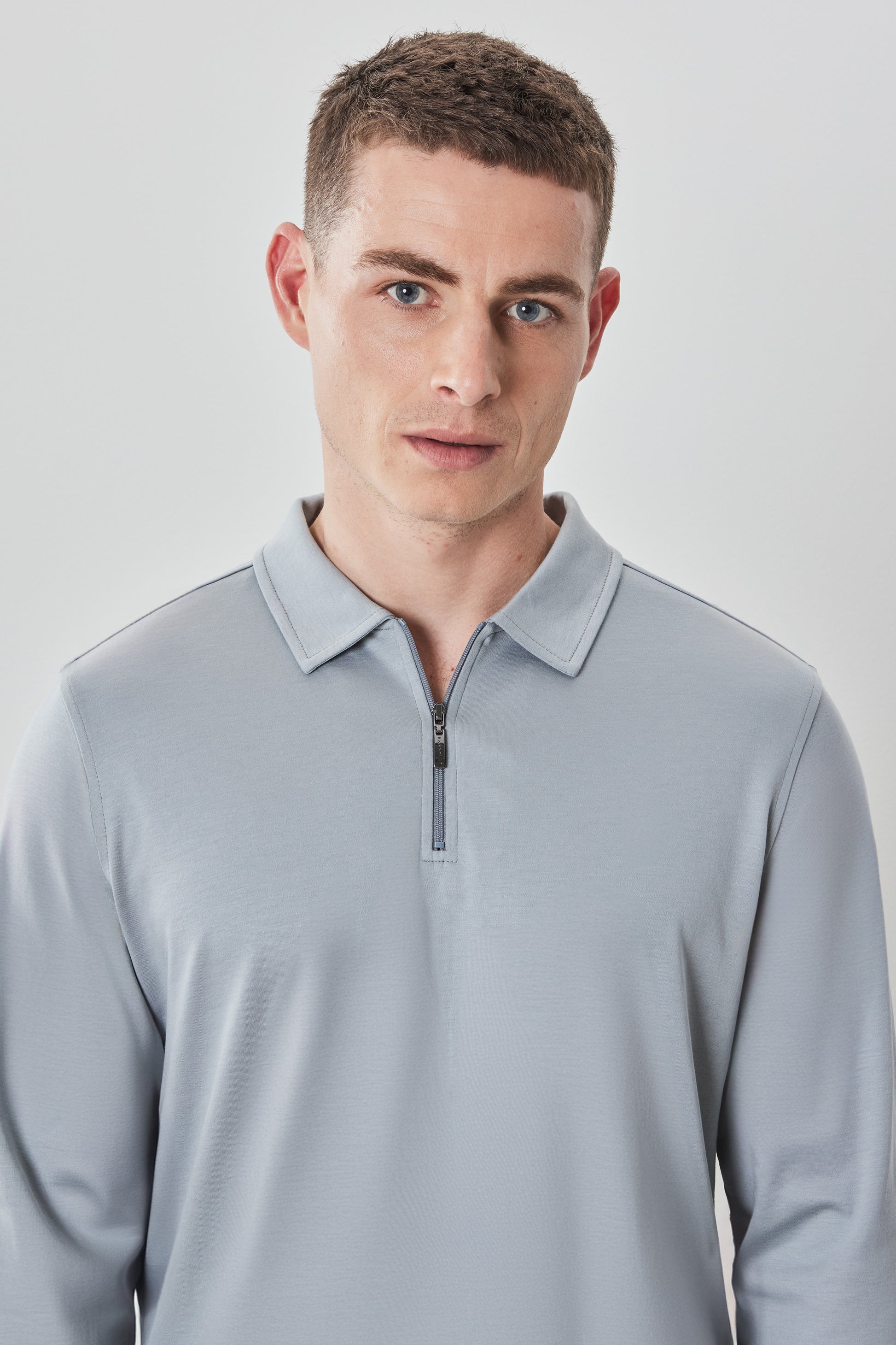 Robert Barakett Men's Pima Cotton Long Sleeve Zipper Polo in Grey