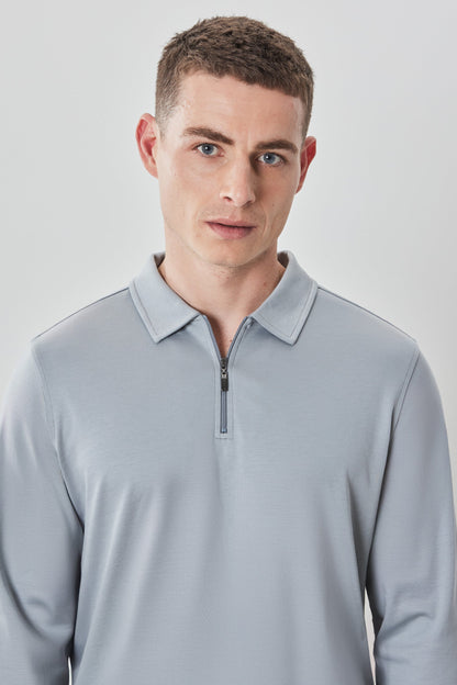 Robert Barakett Men's Pima Cotton Long Sleeve Zipper Polo in Grey