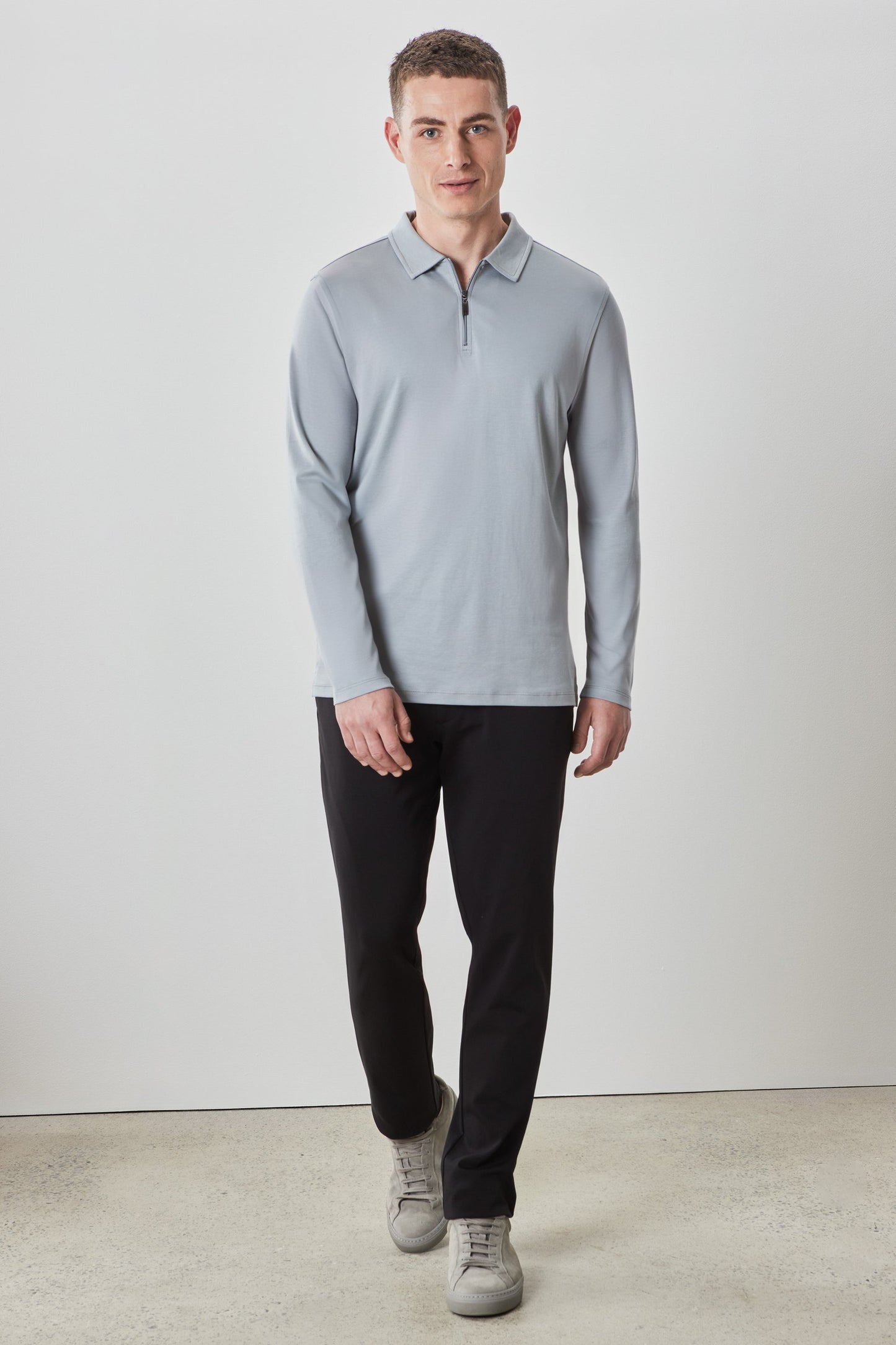 Robert Barakett Men's Pima Cotton Long Sleeve Zipper Polo in Grey