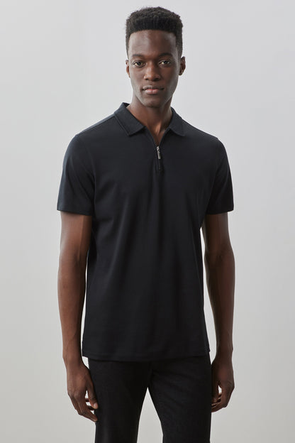 Robert Barakett Men's Pima Cotton Short Sleeve Zipper Polo in Black